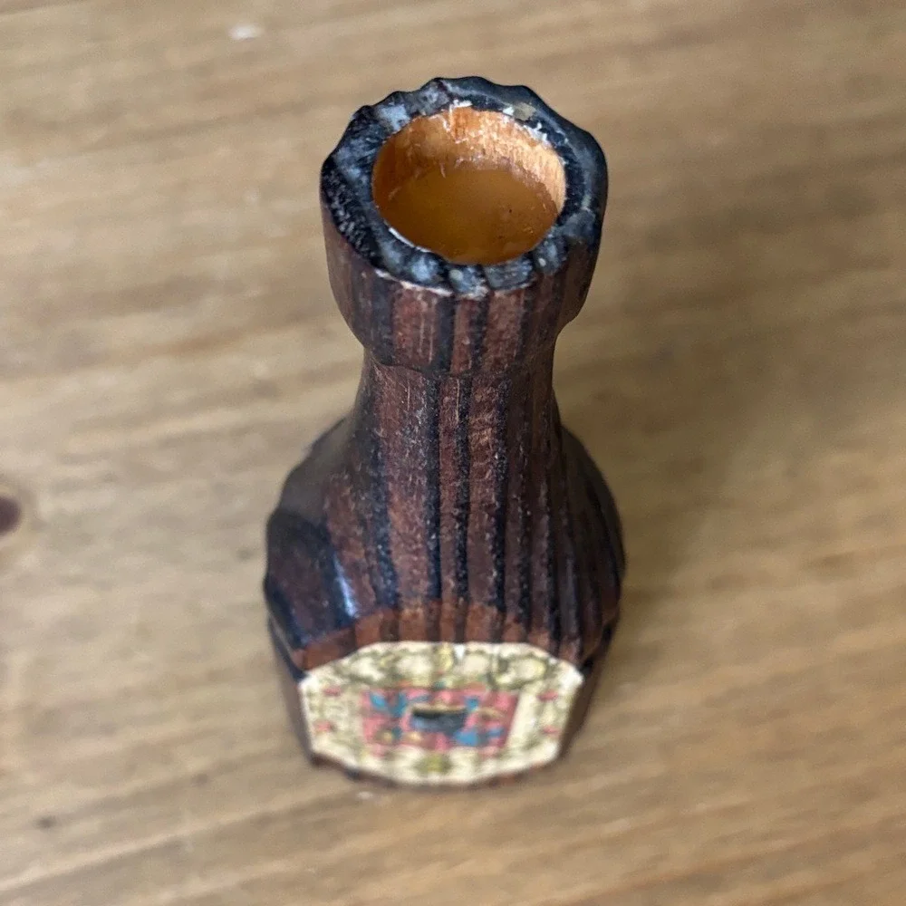 Vintage Wooden Hand Carved Bottle Taper Candle Holder w/Crest Accent 5.85
